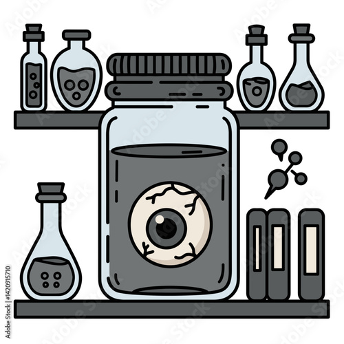 Laboratory jar with eyeball and glass bottles in a spooky style  
