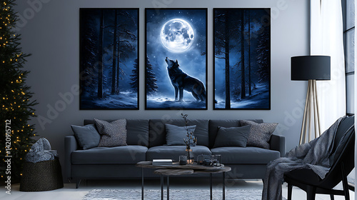 A set of canvases depicting a wolf howling at the full moon in a snowy landscape, with atmospheric lighting and a wild spirit