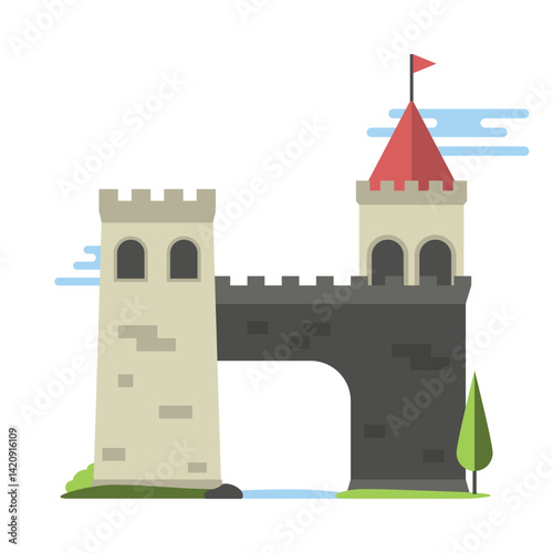 Flat design illustration of a medieval castle with towers, flags, and a fortified structure. This vector features a charming and clean architectural style.