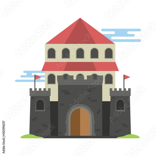 Flat design illustration of a medieval castle with towers, flags, and a fortified structure. This vector features a charming and clean architectural style.