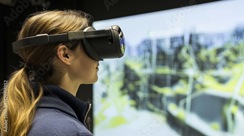 Woman Immersed in Virtual Reality: Exploring a 3D Landscape