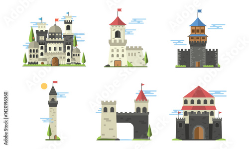 Set of Flat design illustration of a medieval castle with towers, flags, and a fortified structure. This vector features a charming and clean architectural style