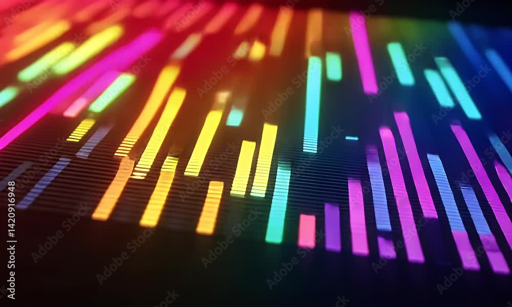 A colorful background with neon lights and glowing vertical bars that create an abstract, futuristic cityscape. The colors of the light LED strips can be used to represent different A colorful background with neon lights and glowing vertical bars that create an abstract, futuristic cityscape. The colors of the light LED strips can be used to represent different