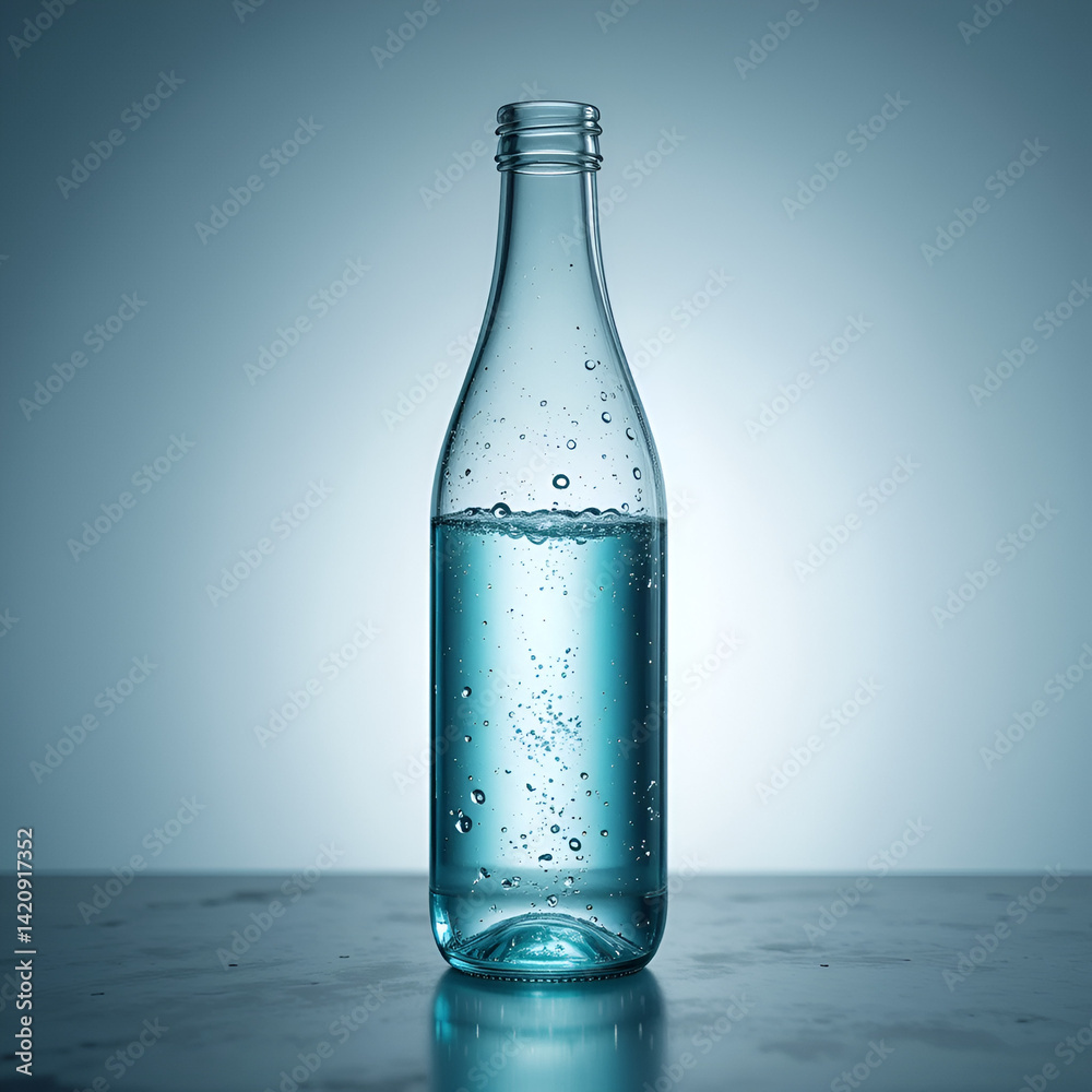 Clear glass water bottle with glass, cyan tinted Clear glass water bottle with glass, cyan tinted