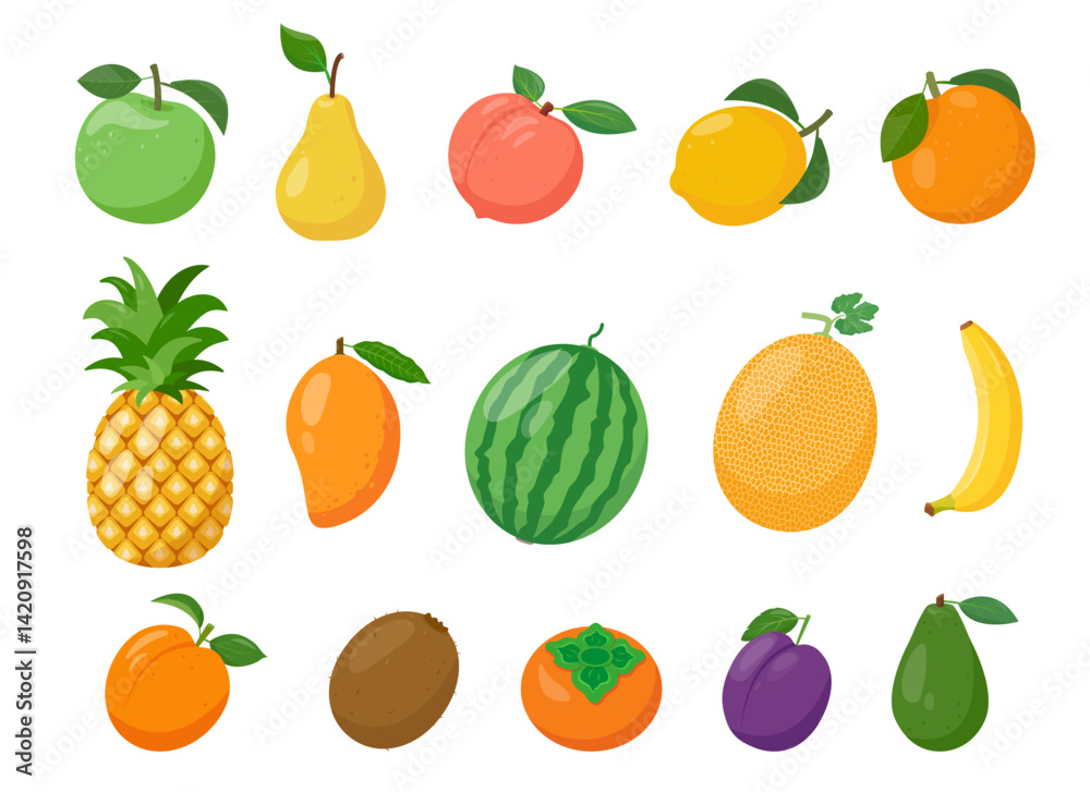 Fresh fruits icons set. Organic fruits for juice, smoothie or vitamin healthy food. Vector illustration isolated on white background. Fresh fruits icons set. Organic fruits for juice, smoothie or vitamin healthy food. Vector illustration isolated on white background.