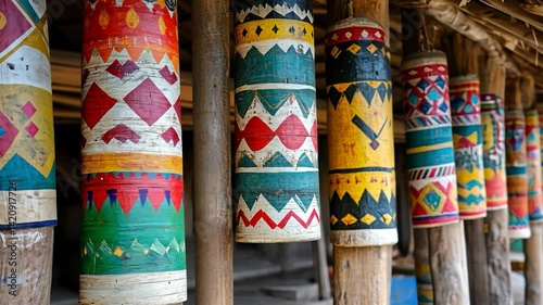 Colorful painted drums hang from rustic poles