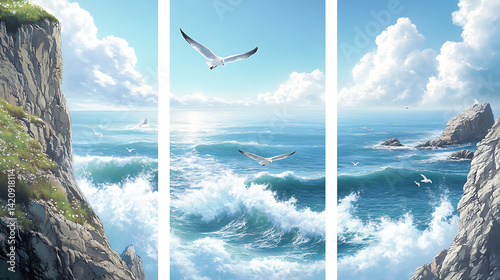 Set of three vertical banners with a cliffside view overlooking the ocean, waves crashing against rocks, seagulls in flight, and an expansive horizon