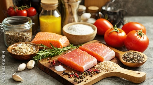 A clear view of a well-organized kitchen with a selection of ingredients ideal for the Atkins diet.