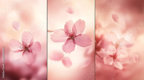 Set of three vertical banners showcasing a close-up of blooming cherry blossoms with soft pink petals, a gentle breeze, and shallow depth of field