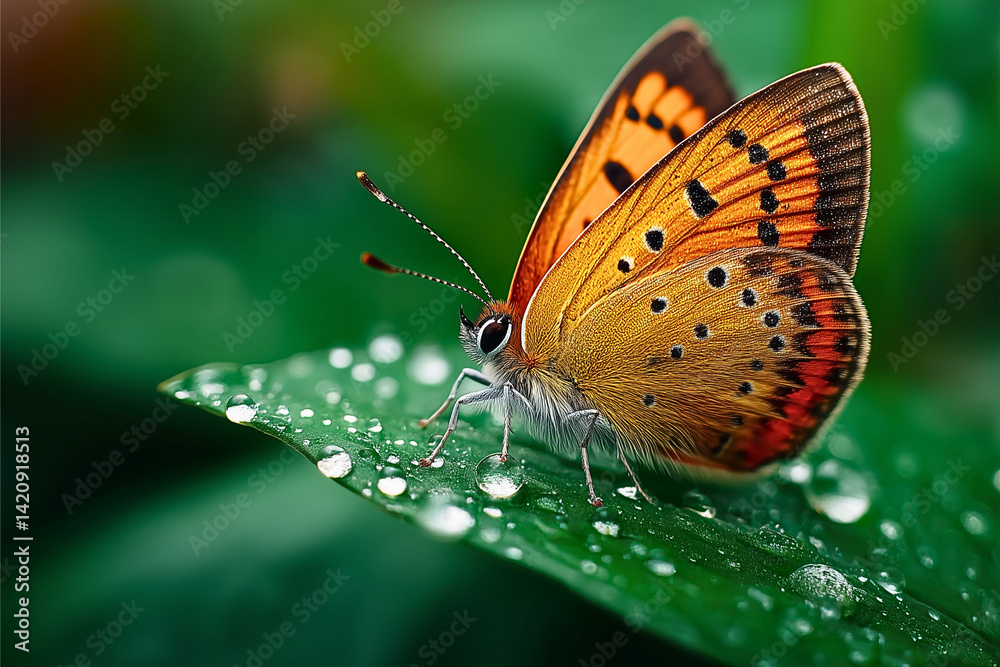 Obraz premium Ultra-realistic macro insect scenes with butterflies, dew drops, and empty space for text. Perfect for eco-friendly campaigns, 8k quality.