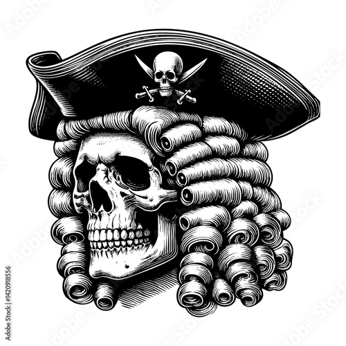 Skull curly hair wear 18th century costume engraving black and white outline. Scratch board imitation.  illustrated in vintage line art style on a white background.
