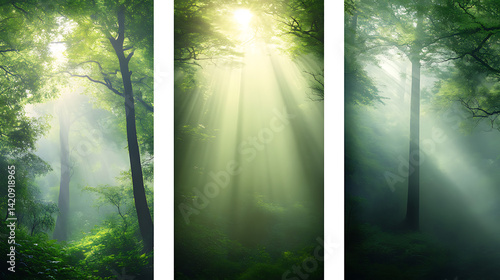 Set of three vertical banners depicting a lush green forest with sunbeams piercing the canopy, misty background, and a tranquil, ultra-realistic atmosphere