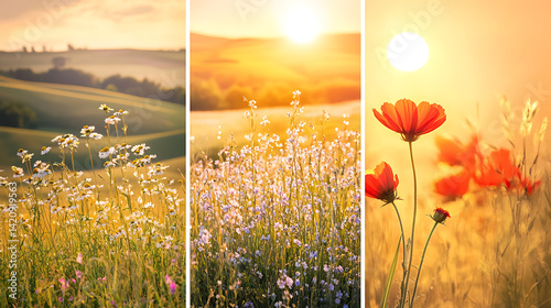 Set of three vertical banners depicting rolling hills at golden hour with blooming wildflowers, warm sunlight, and an idyllic countryside scene