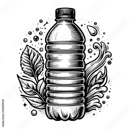 Water bottle sketch engraving black and white outline. Scratch board imitation.