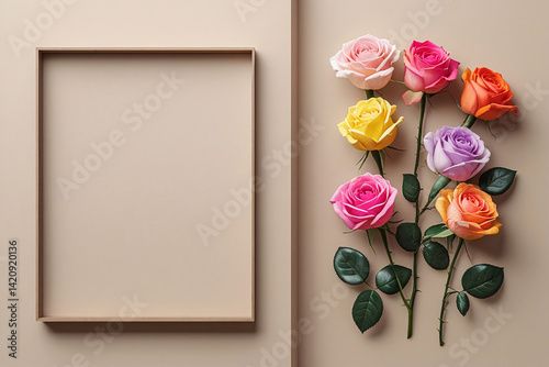 Colorful rose flower floral group arrange on soft beige color background in valentine, romantic, brithday, love moment graphic wallpaper banner material
