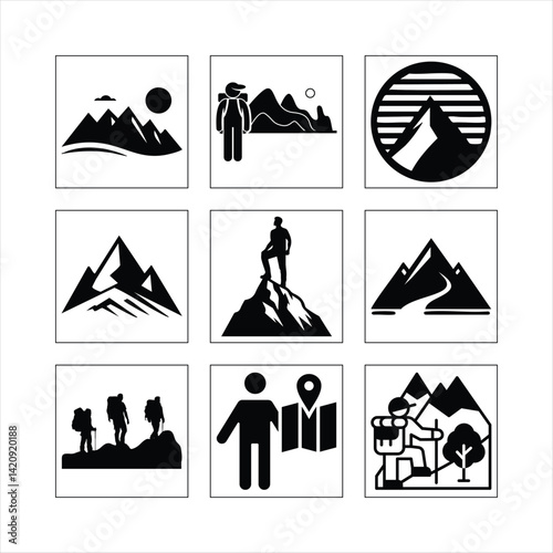 Mountain Hiking Trekking And Adventure Icons Set Vector Illustration Collection