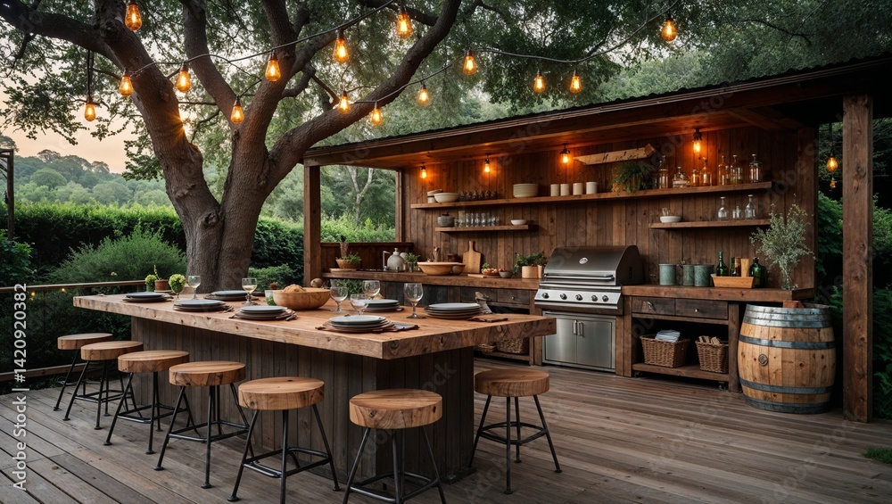 Fototapeta premium a rustic outdoor kitchen and dining area, styled with a natural and earthy aesthetic. The layout features a wooden deck with a long, wooden counter on the left, accompanied by several round, wooden st