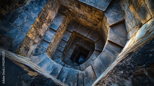 An intricate spiral staircase descends into a mysterious depth. The stone walls evoke a sense of ancient architecture and wonder. Explore this unique perspective. Generative AI