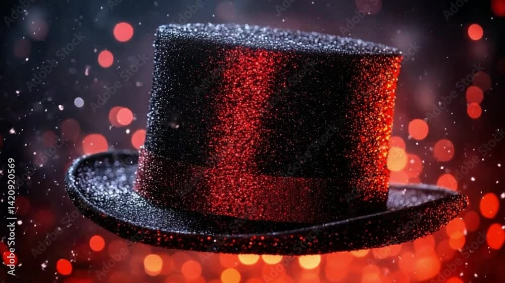 Close-up of a glittering black and red top hat under dramatic lighting with shimmering sparkles