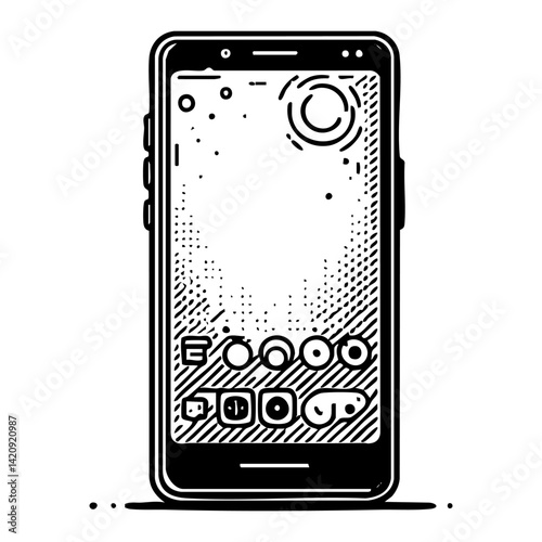 Smartphone sketch engraving black and white outline. Scratch board imitation.