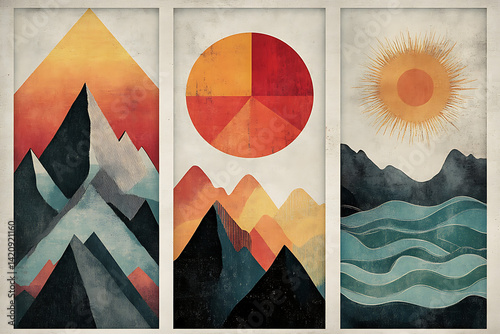 Set of three vertical posters featuring abstract geometric landscapes: one with layered mountains, one with flowing hills, and one with a stylized sun and waves