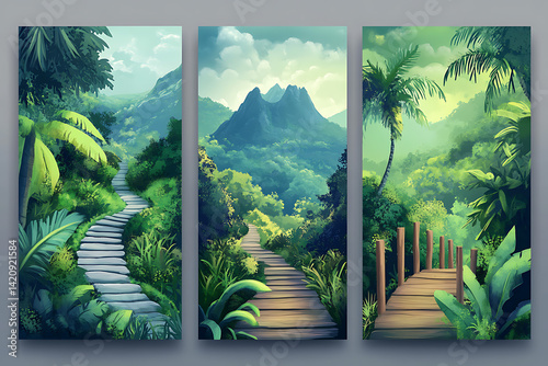 Set of three vertical posters with ancient pathways stone roads through mountains, wooden bridges in jungles