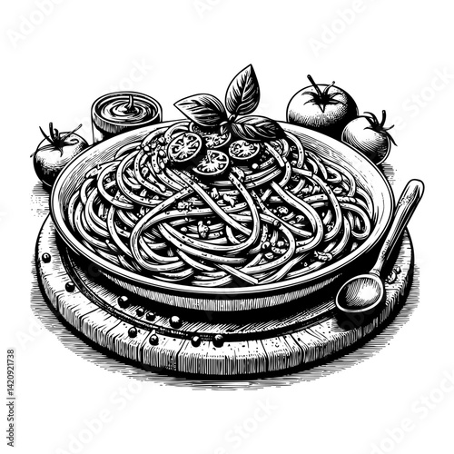 Spaghetti on plate sketch engraving black and white outline. Scratch board imitation.  illustrated in vintage line art style on a white background.