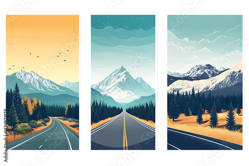 Set of three vertical posters featuring cinematic highway scenes: a long road through the desert, a winding forest road, and a snowy mountain pass, all evoking travel vibes