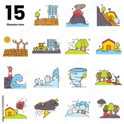 Set of colorful disaster icons in cartoon style, illustrating various natural disasters such environment-related designs