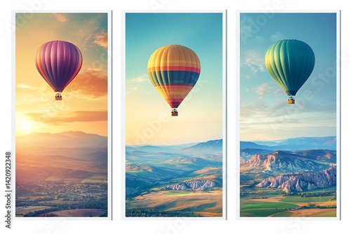 Set of three vertical posters featuring colorful hot air balloons floating over landscapes: a sunrise mountain range, green farmlands, and a desert plateau, evoking a joyful and vibrant atmosphere