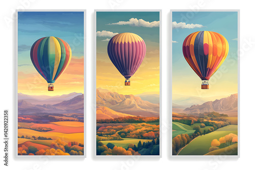 Set of three vertical posters featuring colorful hot air balloons floating over landscapes: a sunrise mountain range, green farmlands, and a desert plateau, evoking a joyful and vibrant atmosphere