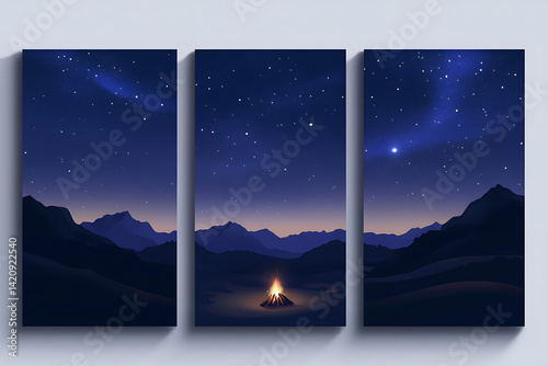 Set of three vertical posters featuring desert nightscapes: a starry sky, the silhouette of dunes, and a glowing campfire, with cool-toned colors, evoking a peaceful and vast atmosphere