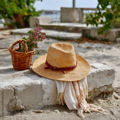 A close-up of a beige buri hat resting on a white sand beach, captured with a minimal, light, and airy aesthetic in natural sunlight.