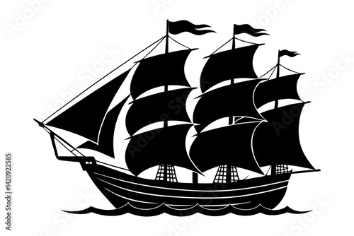 
Silhouette of vintage sailing ship with flags and sails vector illustration