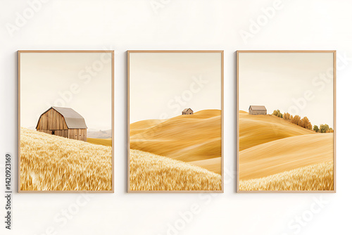 Set of three vertical posters with golden fields and countryside rolling hills, barns in the distance, warm summer skies, rustic and soft