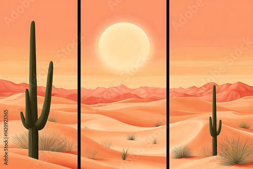 Set of three vertical posters featuring minimalist desert landscapes with clean lines, soft sand dunes, sparse cacti, and a large sun in the background