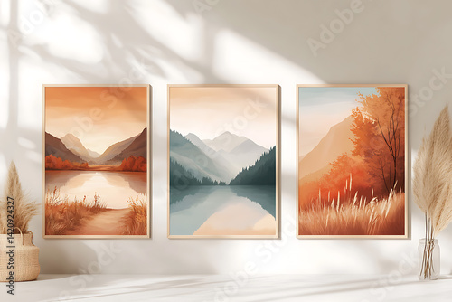 Set of three vertical posters featuring scenic landscape artwork: a serene mountain lake at sunrise, a misty forest trail in autumn, and a desert canyon at sunset, all in a cohesive art style