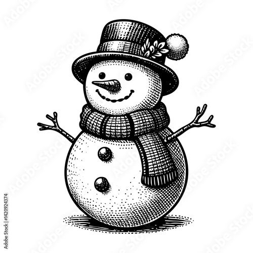 snowman engraving black and white outline. Scratch board imitation.