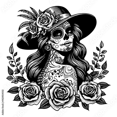 day of the dead woman sketch engraving black and white outline. Scratch board imitation.  illustrated in vintage line art style on a white background.