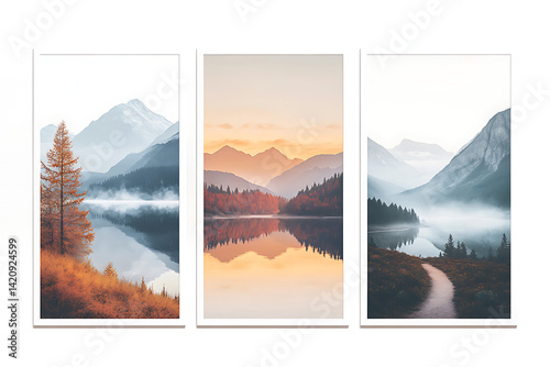 Set of three vertical posters featuring scenic landscape artwork: a serene mountain lake at sunrise, a misty forest trail in autumn, and a desert canyon at sunset, all in a cohesive art style