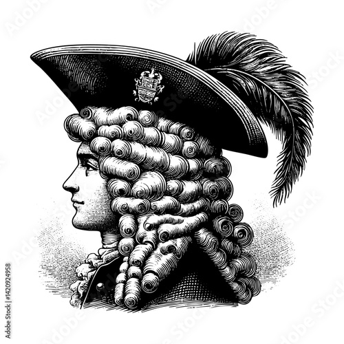 Man curly hair wear 18th century costume engraving black and white outline. Scratch board imitation.  illustrated in vintage line art style on a white background.