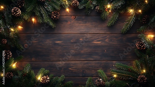Christmas tree branches with garland on a dark wooden background, with copy space for text, suitable for a banner design, viewed from above
