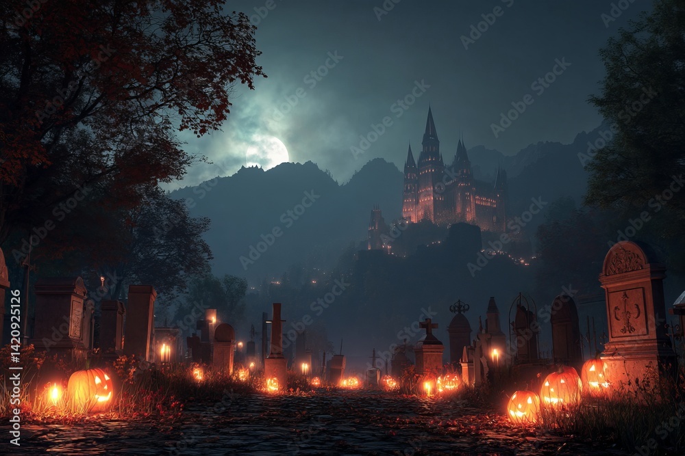 Fototapeta premium Spooky Halloween Night: Jack-o'-lanterns Illuminate Graveyard Path Leading to a Mysterious Castle on a Hilltop under a Full Moon.