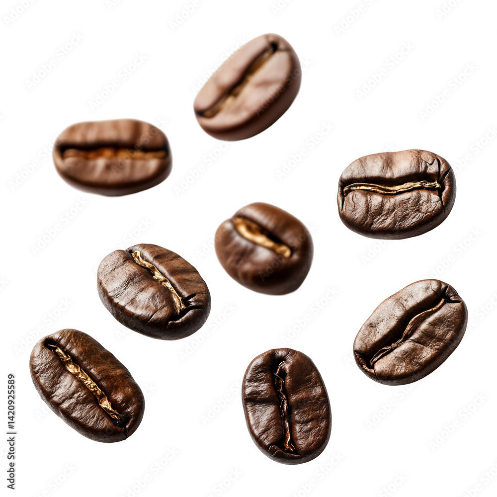 Falling roasted coffee beans isolated on transparent background Falling roasted coffee beans isolated on transparent background