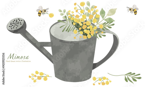 ジョウロにさしたミモザの花とミツバチのイラスト（絵本風でラフな水彩タッチ）
