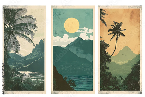 Set of three vertical posters featuring vintage travel-style illustrations: a stylized mountain lodge, a coastal getaway, and a jungle adventure, with worn textures and bold text captions, capturing a