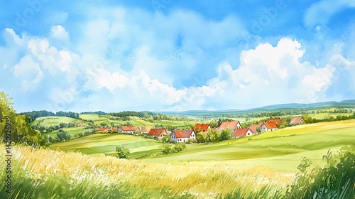 Watercolor illustration of idyllic rural countryside with rolling hills