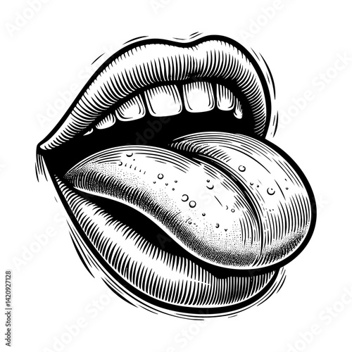 Mouth tongue stick out sketch engraving black and white outline. Scratch board imitation.  illustrated in vintage line art style on a white background.
