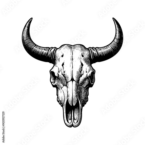 bull skull sketch engraving black and white outline. Scratch board imitation.