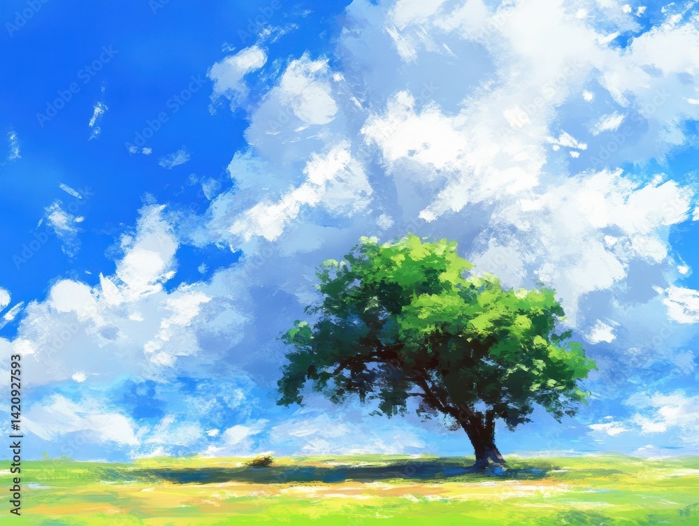 Obraz premium Serene summer A solitary tree basks beneath fluffy clouds and a vibrant blue sky on a grassy field